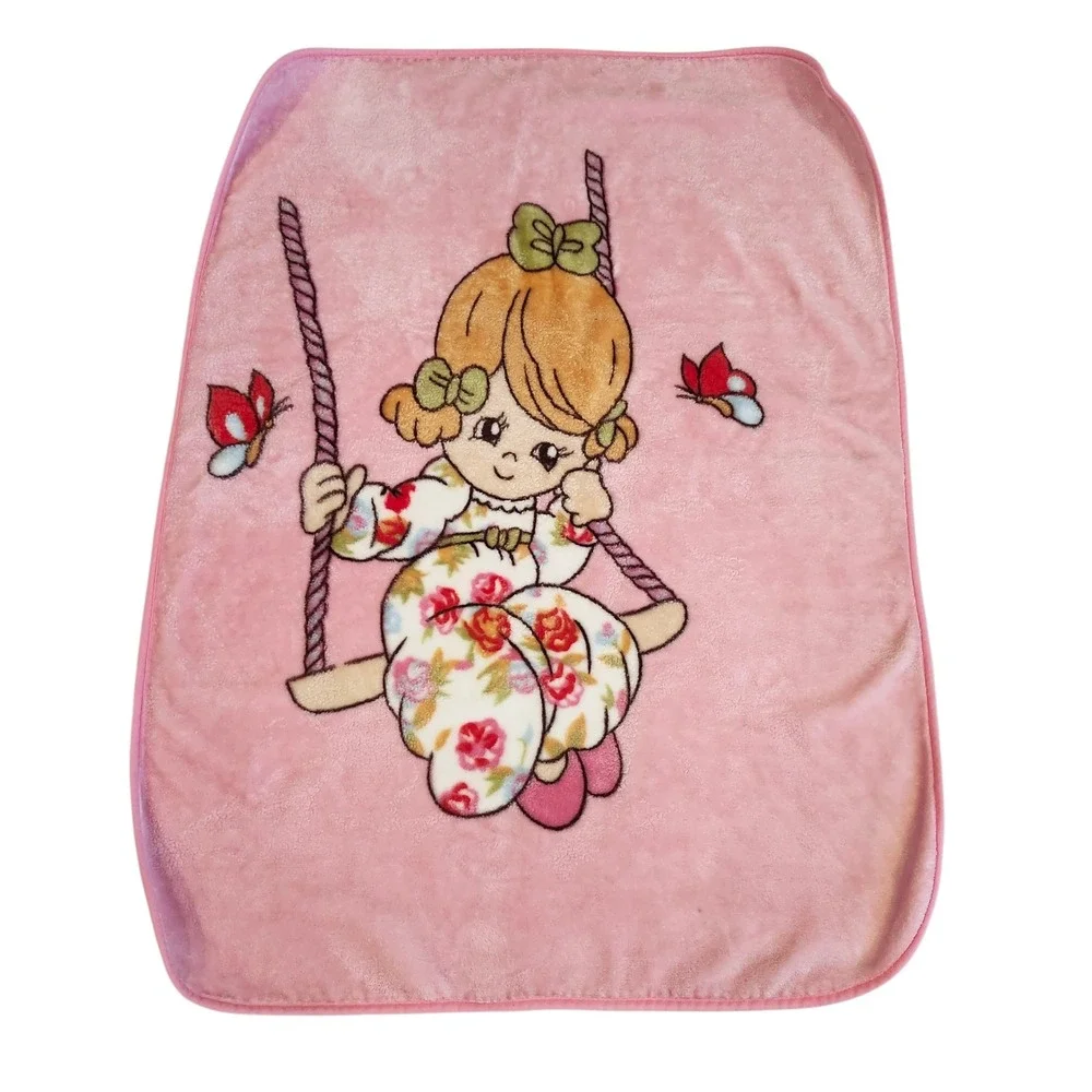Vintage Precious Moments Girl on Swing Pink Plush Blanket *Read